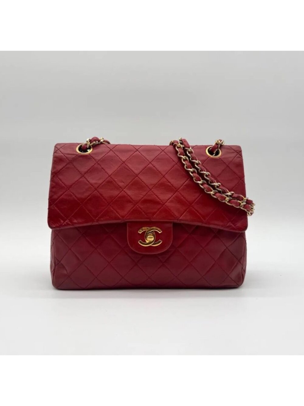 Chanel Shoulder Bag Quilted Turnlock CC Logo Gold Chain Red Leather Double Flap